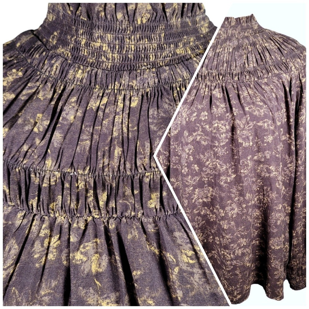 Bishop Neck Blouse Brown‎ M Smocked Renaissance Victorian Romantic High Neck